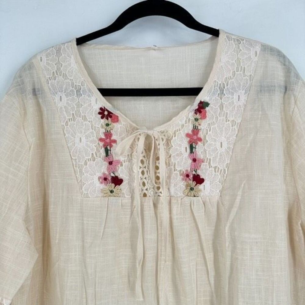 Boutique Women's‎ Embroidered Lace Trim Tie Front Peasant Blouse Cream Size 3XL - Picture 6 of 11